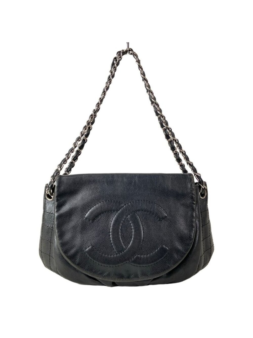 Chanel Shoulder Bag Half Moon Black CC Logo Chain Silver